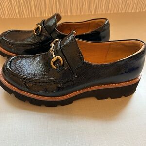 NEW SOFTT Black Prewitt Patent Leather Loafers with Gold Horsebit